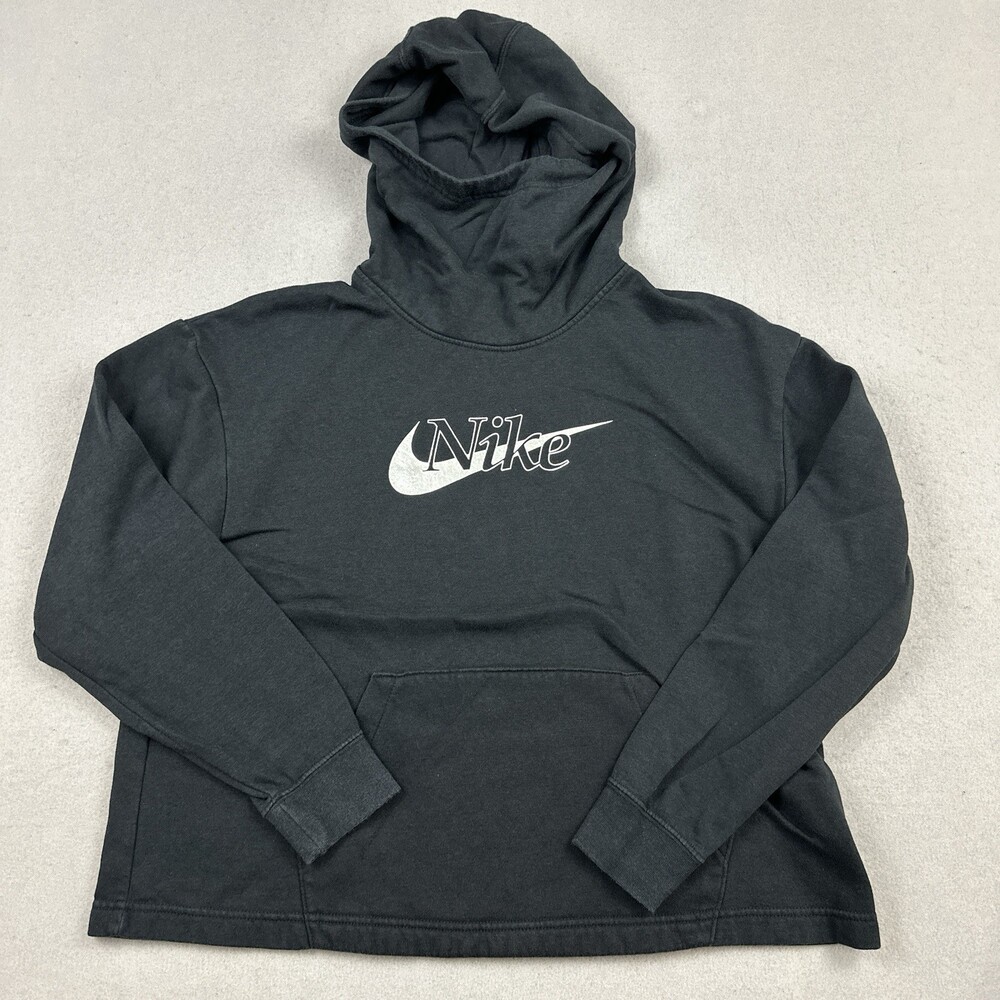 Nike Hoodie Women Medium Black Solid White Swoosh Spell Out Sweatshirt Pocket M